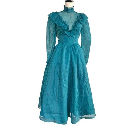 Gunne Sax Prairie Victorian Dress Vintage 80s Women’s Sheer Ruffle Blue SZ XS S - Picture 1 of 14